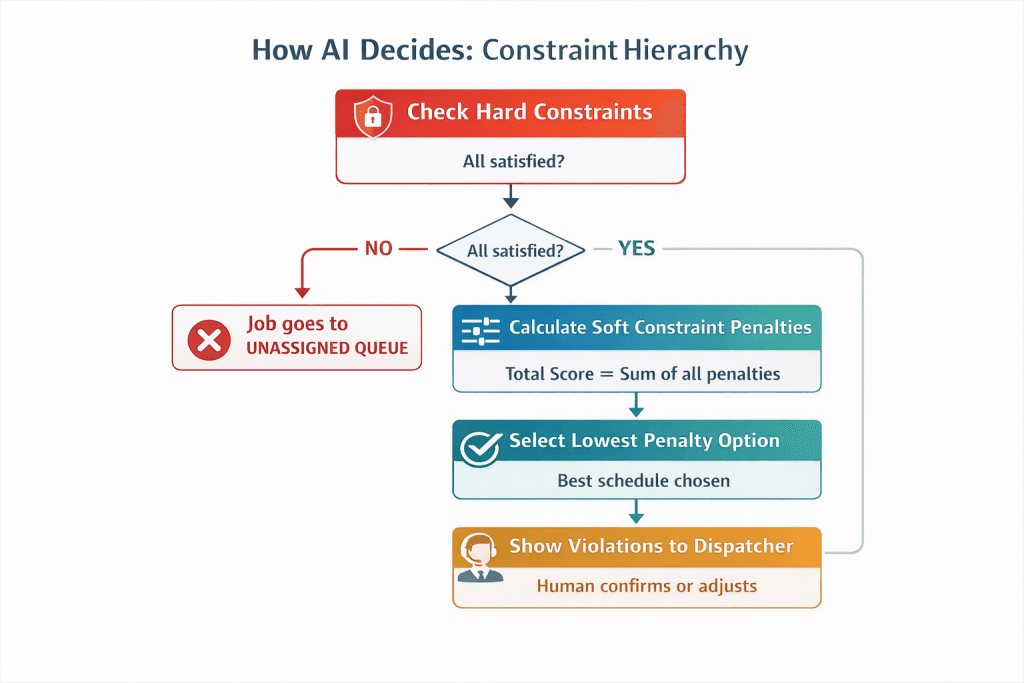 Flowchart showing how AI dispatchers evaluate hard and soft constraints.