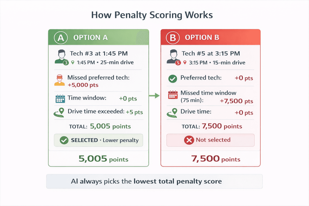 Penalty scoring comparison showing how AI selects the lowest penalty schedule option