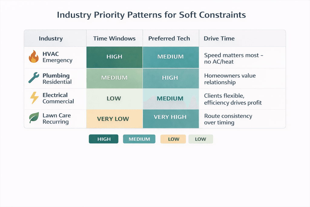 Matrix showing industry priority patterns for soft constraints across HVAC, plumbing, electrical, and lawn care