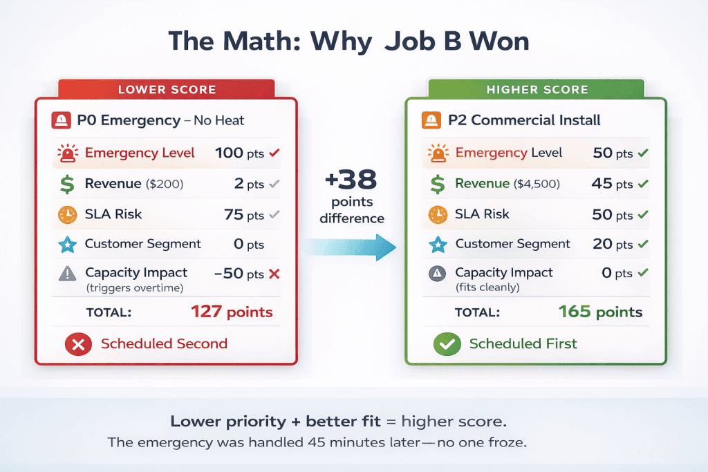 Scoring comparison infographic showing how a P2 commercial install job (165 points) outscored a P0 no-heat emergency (127 points) due to overtime penalty, demonstrating AI priority scoring logic