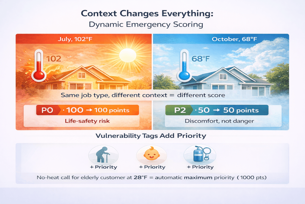 Dynamic emergency scoring infographic showing how the same no-cooling job scores P0 (100 points) in July at 102°F versus P2 (50 points) in October at 68°F based on weather context and customer vulnerability tags