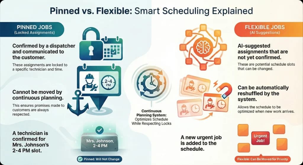Visuals of Pinned vs Flexible Scheduling and how smart is it for AI dispatchers