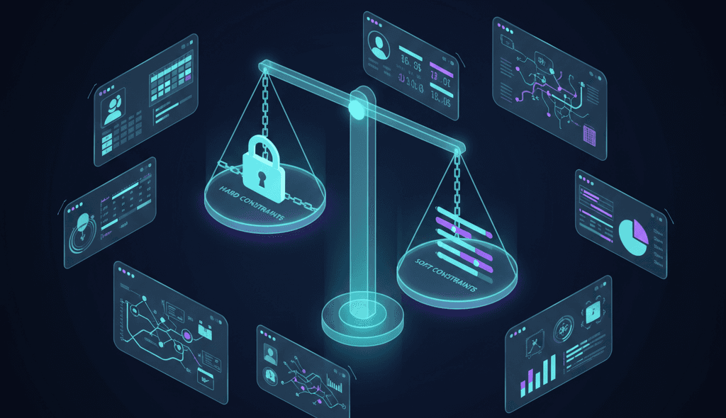 Hard constraints vs soft constraints illustrated as a digital balance scale in AI dispatching system
