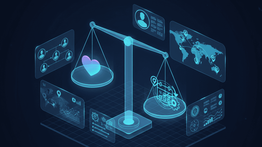 Futuristic 3D illustration of a glowing balance scale representing AI dispatching decisions, with a heart icon on one side symbolizing customer relationships and operational gears with location pins on the other side symbolizing schedule efficiency, surrounded by floating holographic panels showing customer profiles, route maps, and data analytics on a dark blue background