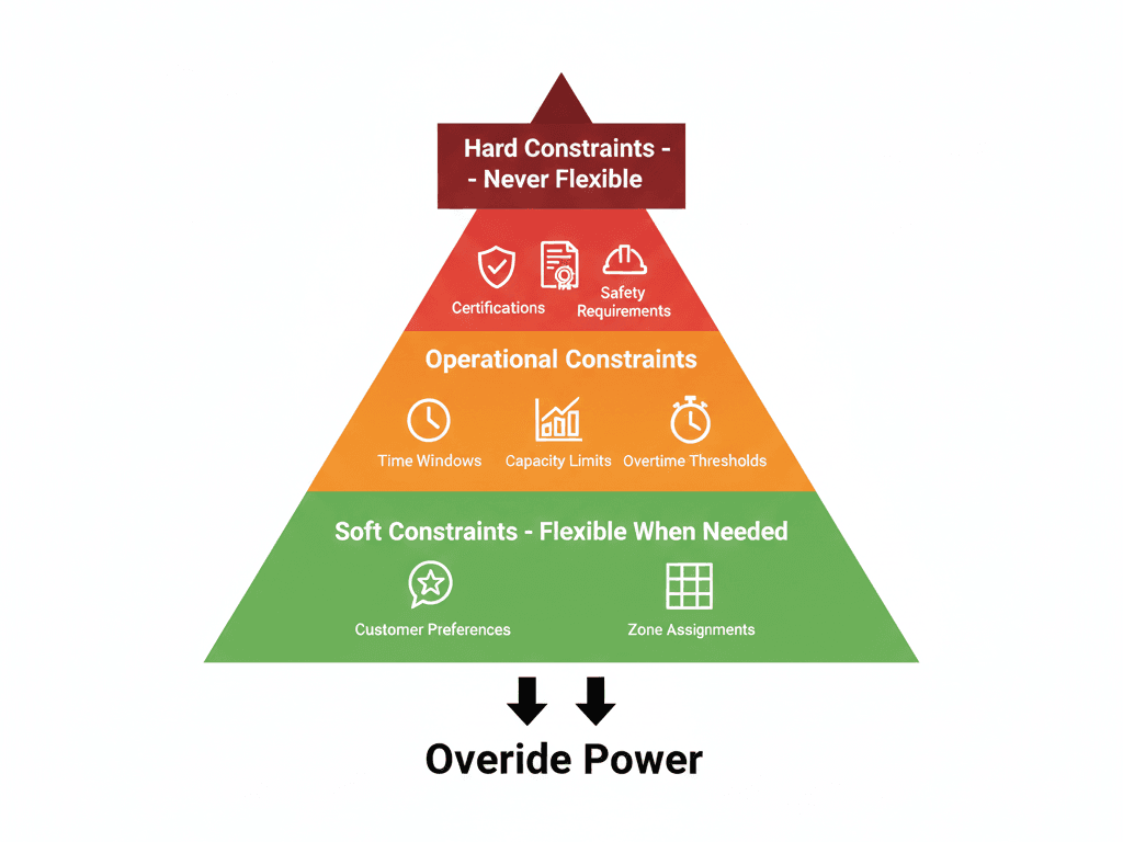 Pyramid diagram showing AI dispatching constraint hierarchy with three tiers: Hard Constraints at top (certifications, safety requirements), Operational Constraints in middle (time windows, capacity limits, overtime thresholds), and Soft Constraints at bottom (customer preferences, zone assignments)