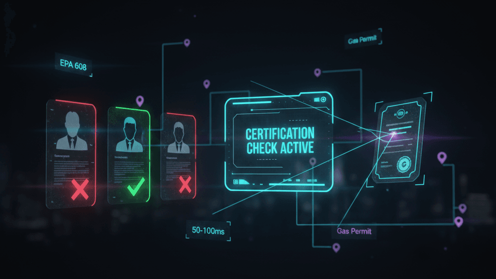 AI dispatching certification validation system showing technician credential verification in real-time