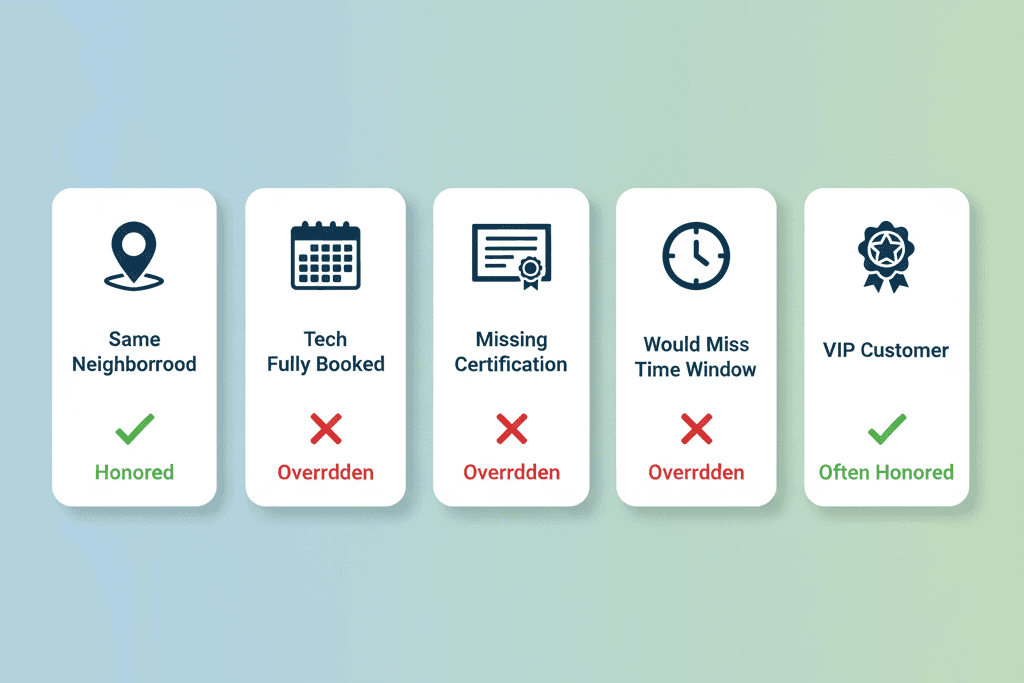 Infographic showing five customer preference scenarios in AI dispatching: Same Neighborhood (honored), Tech Fully Booked (overridden), Missing Certification (overridden), Would Miss Time Window (overridden), and VIP Customer (often honored)