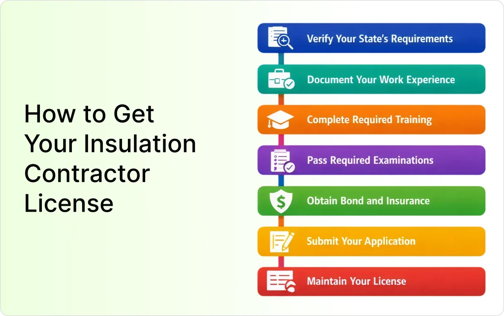 Step-by-step process for obtaining an insulation contractor license, including verifying state requirements, completing training, passing exams, obtaining insurance, submitting applications, and maintaining the license.