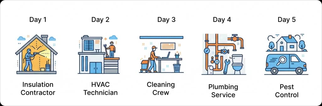 Five field service industries that rely on multi-day scheduling: insulation contractor, HVAC technician, cleaning crew, plumbing service, and pest control shown across a 5-day timeline