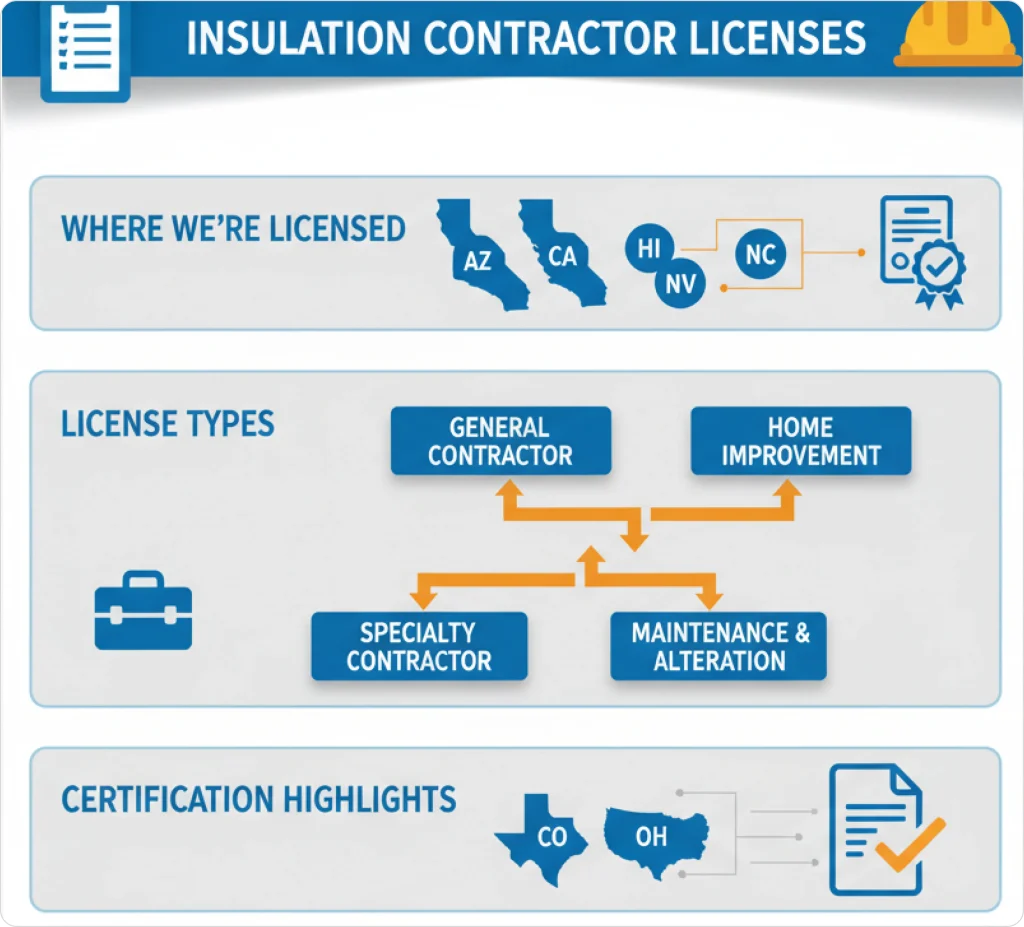 Overview of key insulation industry certifications including manufacturer certification for spray foam, SPFA professional certification, BPI energy efficiency certification, and OSHA 10-hour construction training.