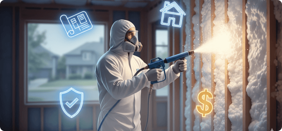 Spray foam insulation technician in full protective gear applying foam to wall cavity with icons representing planning, home insulation, safety compliance, and profitability