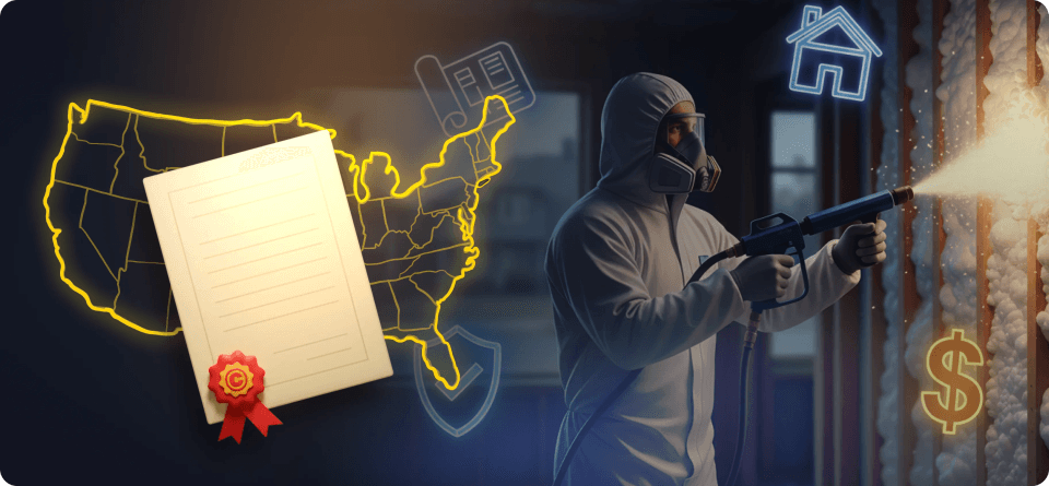Insulation contractor license requirements by state showing spray foam installer with certification and US map.