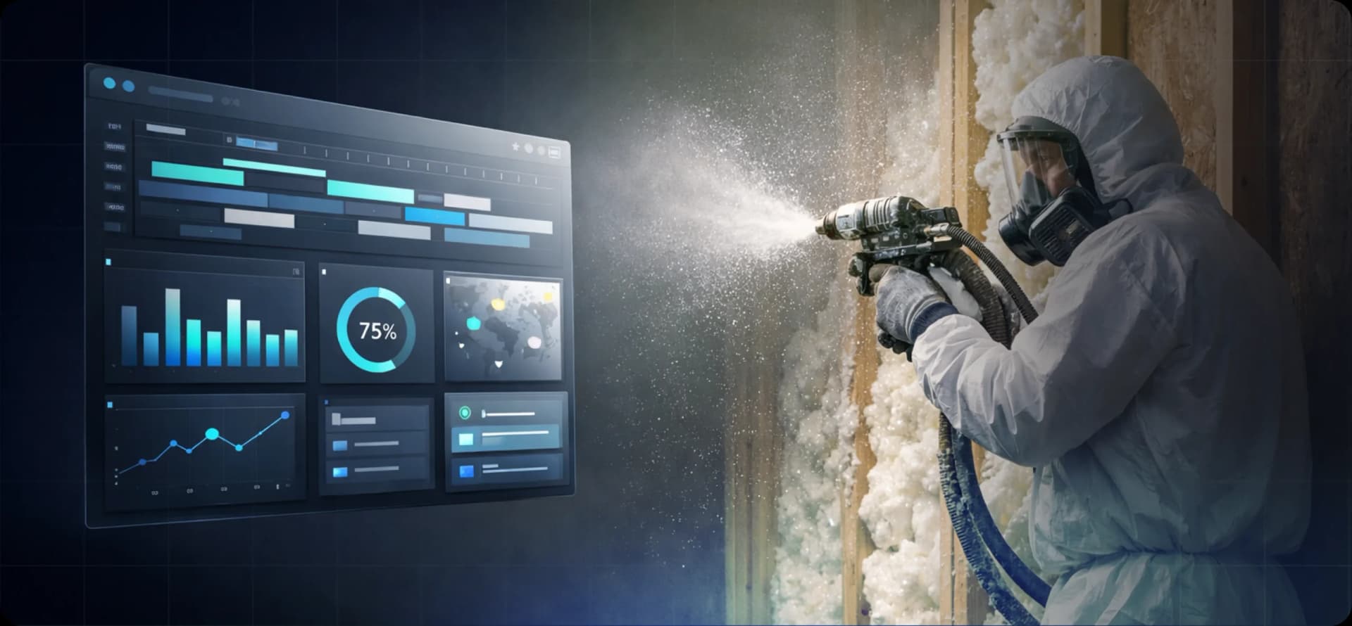 Insulation technician spraying foam insulation inside a wall cavity alongside a digital dashboard representing insulation contractor software analytics and job tracking.