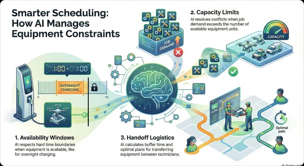 Visuals of three types of equipment based constraints that can hamper dispatch schedules