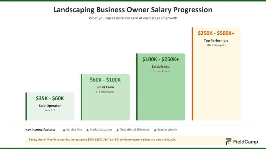Landscaping business owner salary progression from $35K solo operator to $500K+ with multiple crews and commercial contracts.