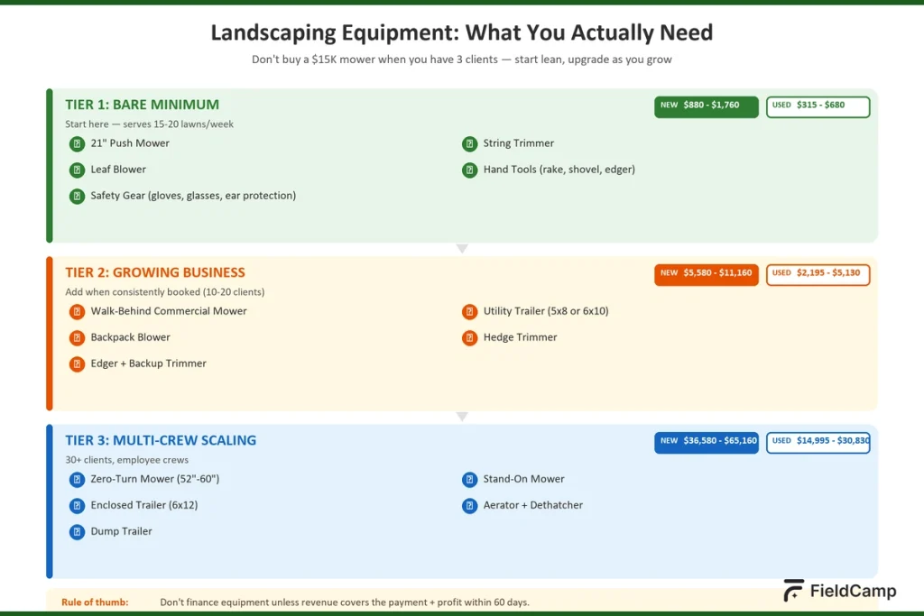 Landscaping equipment checklist showing tier 1 bare minimum tools, tier 2 growing business setup, and tier 3 multi-crew scaling equipment.