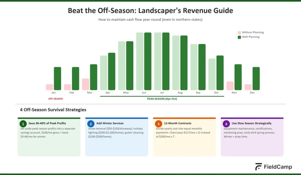 Landscaper off-season revenue guide showing peak vs slow months and strategies like snow removal, 12-month contracts, and winter services.