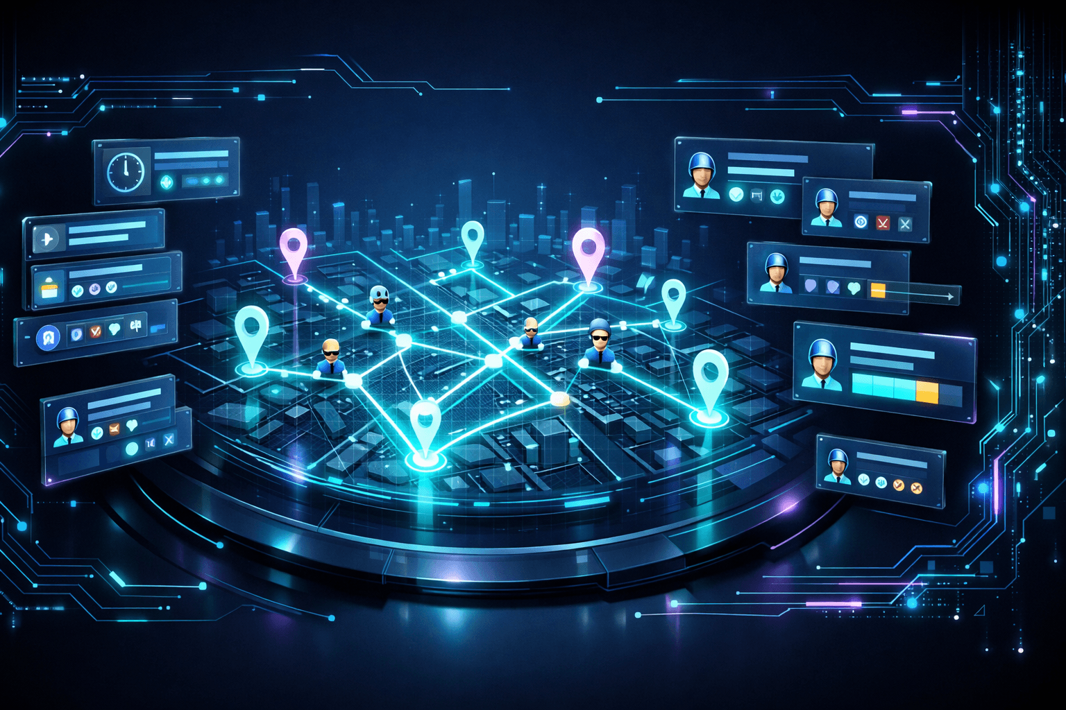 High-tech AI operations dashboard with glowing route networks, location pins, and technician icons over a holographic city map.
