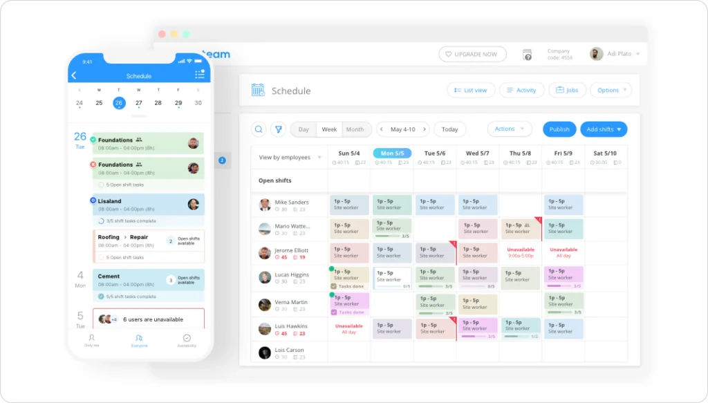 How workforce scheduling software manages employee shifts with drag-and-drop calendar views, open shift tracking, availability indicators, and weekly team workload balancing.