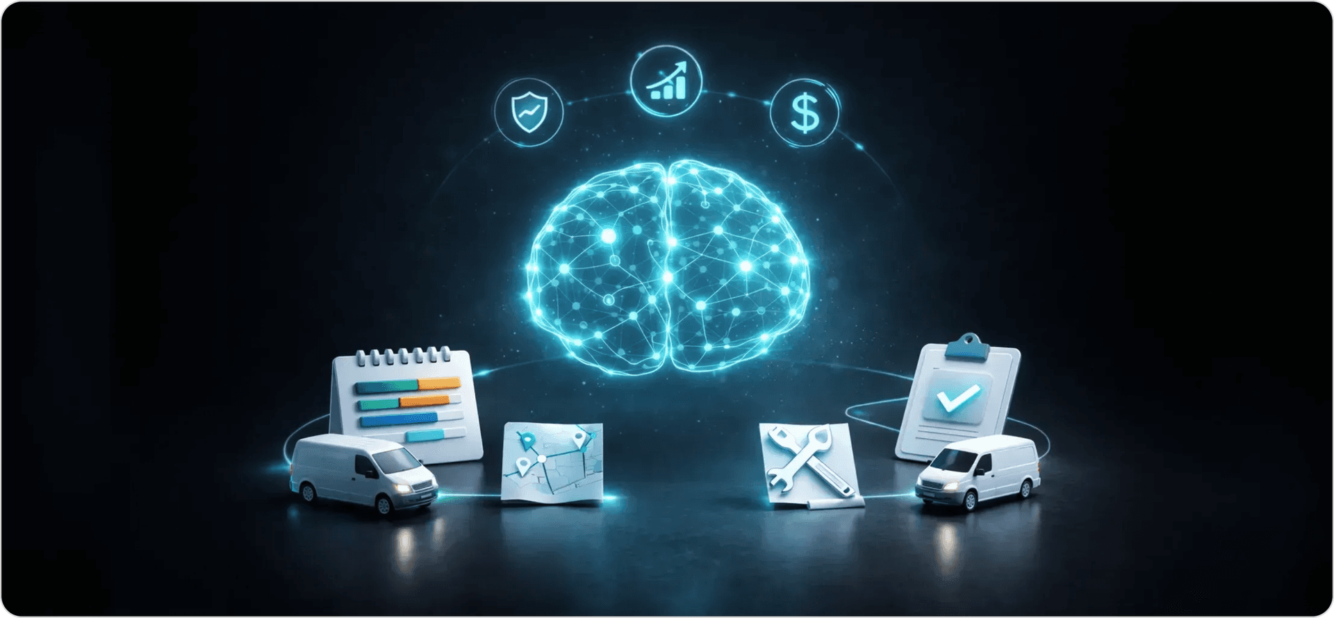 AI transforming field service management illustration with connected digital brain, service vans, scheduling, routing, and maintenance automation icons.