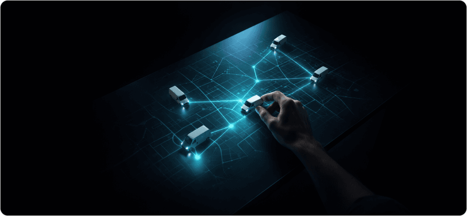 How AI-powered field service scheduling works with real-time route optimization, connected service vehicles, and intelligent dispatch coordination across a live digital map interface.
