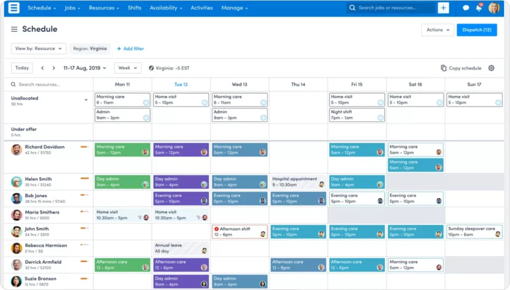 How workforce scheduling software allocates shifts across resources with availability tracking, unallocated hours, shift assignments, and weekly capacity planning.