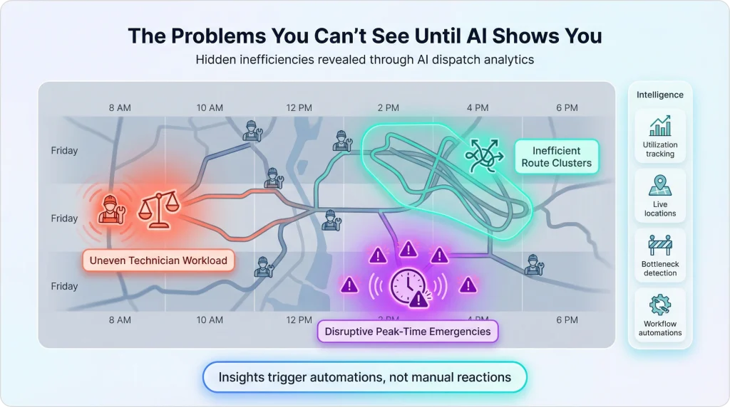 Visual map-based timeline showing hidden dispatch inefficiencies revealed by AI, including uneven technician workloads, inefficient route clusters, and peak-time emergency disruptions identified through dispatch analytics.