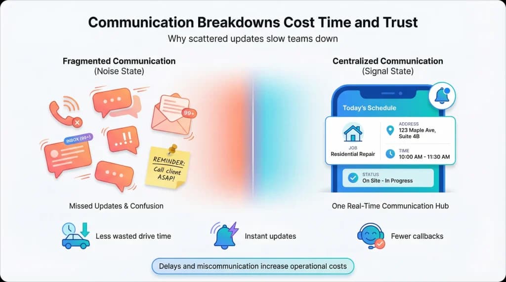 Visuals of communication breakdowns costing trust and time
