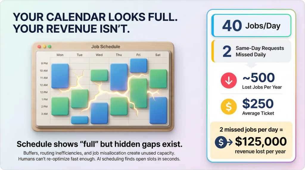 Field service job calendar that appears fully booked but reveals hidden scheduling gaps, highlighting missed same-day requests, lost annual revenue, and how AI scheduling uncovers unused capacity.