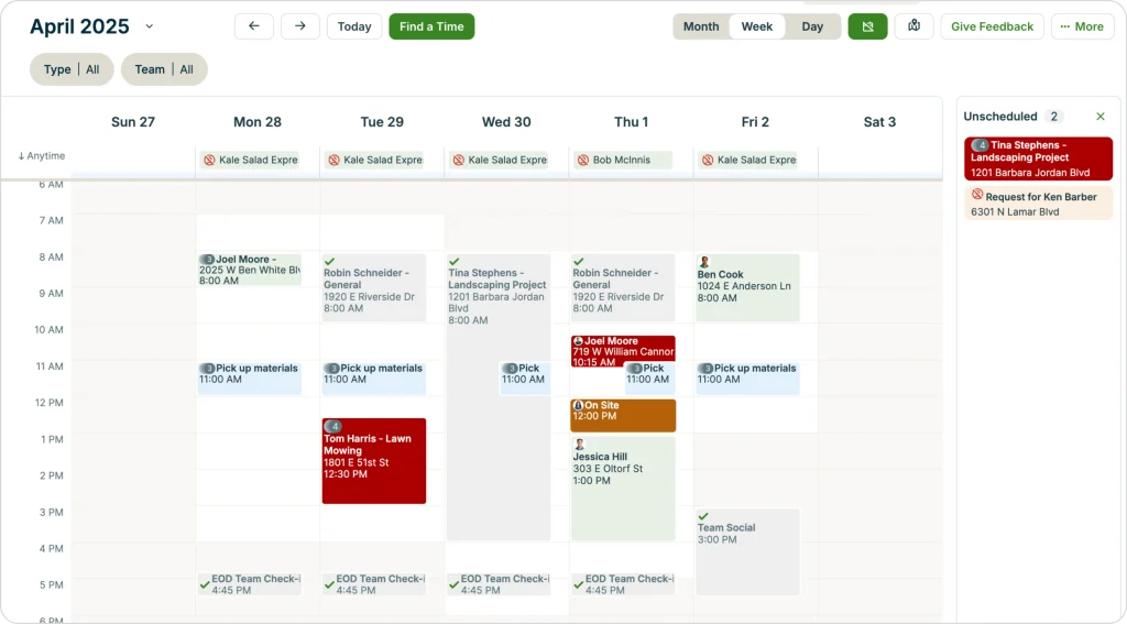 How job scheduling software organizes appointments with color-coded calendar views, unscheduled job tracking, team assignments, and drag-and-drop route planning.
