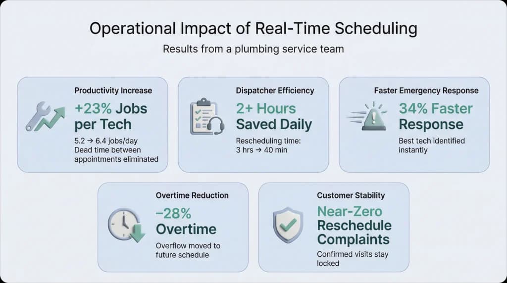 Cinematic illustration of real-time field service scheduling where AI dynamically reroutes technicians, responds to traffic, weather, and urgent jobs across a city.