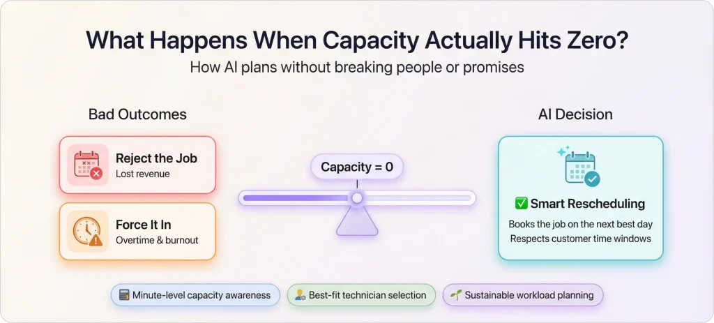 Comparison graphic showing AI scheduling decisions when capacity reaches zero, avoiding job rejection or technician burnout by smart rescheduling to the next best day with sustainable workload planning.