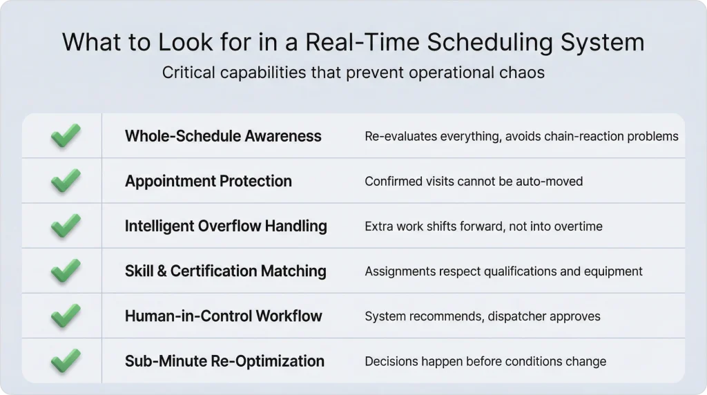 Checklist-style comparison graphic outlining key capabilities of a real-time scheduling system, such as whole-schedule awareness, skill matching, human approval, and rapid re-optimization.