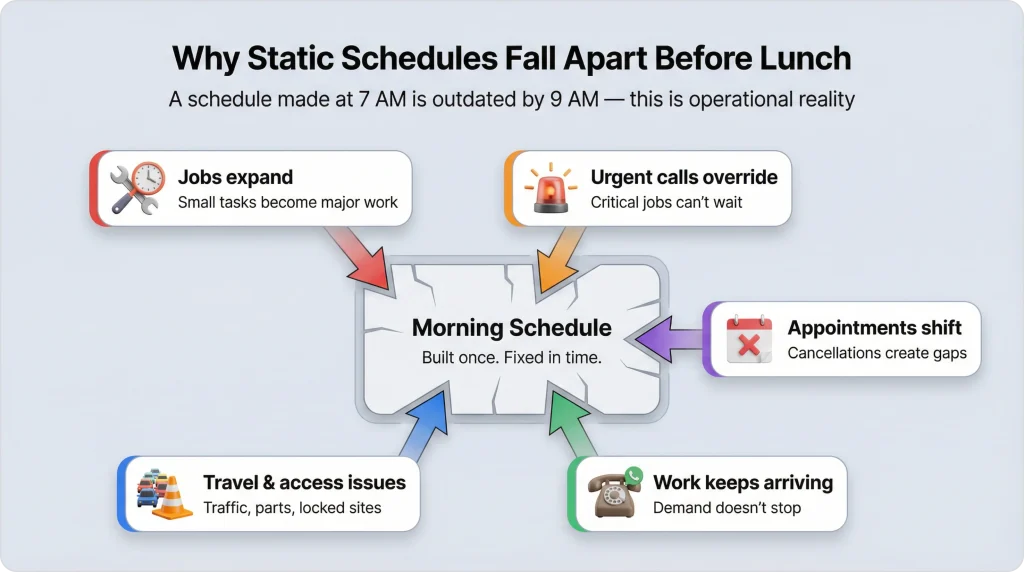 Diagram explaining why static field service schedules break down due to job overruns, urgent calls, cancellations, travel issues, and continuous incoming work.