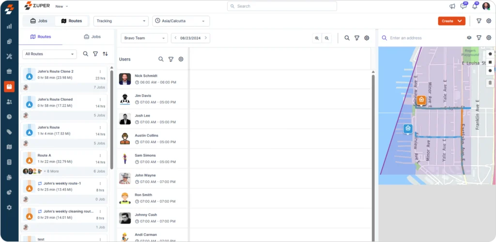 How field service route management software assigns technicians, optimizes job routes on interactive maps, tracks working hours, and manages multi-stop service operations.
