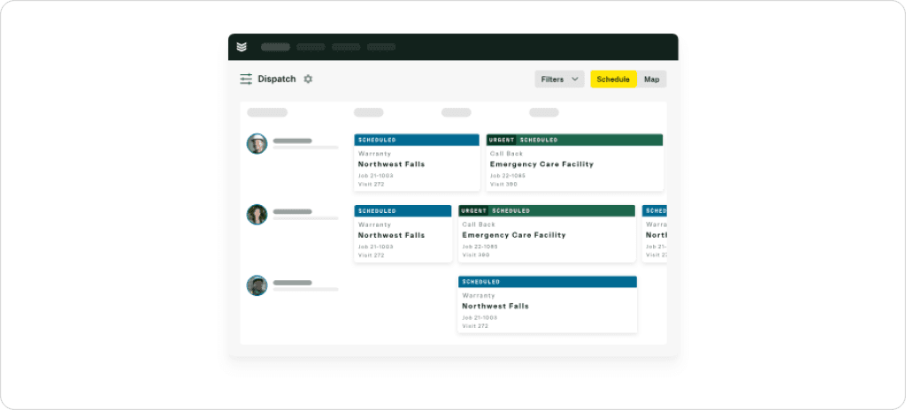 How HVAC dispatch scheduling works with technicians assigned to service jobs in a visual dispatch board showing technician rows, scheduled work orders, and urgent service calls organized across a timeline for field service teams.