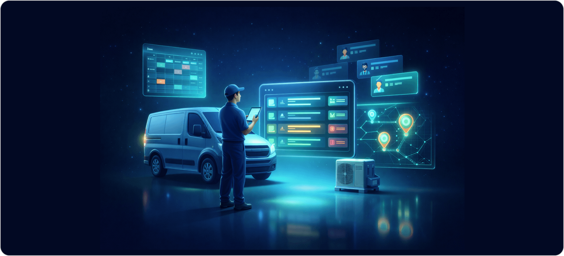 How dispatch management works with a visual technician calendar showing time-based job assignments, technician availability, and color-coded service appointments across a daily dispatch scheduling grid.