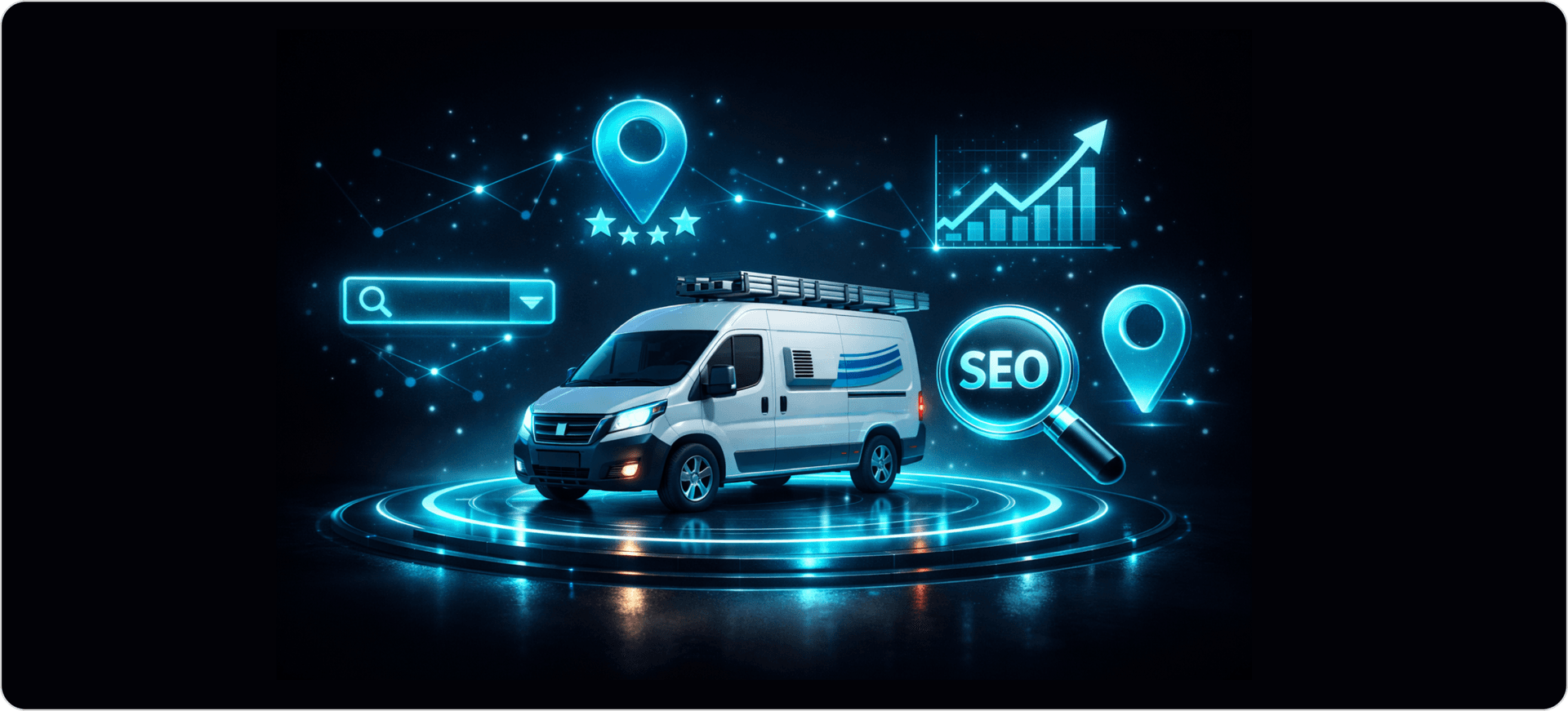 How HVAC business SEO works with a service van, Google search elements, map pins, and growth analytics icons representing local search visibility and lead generation for HVAC companies.