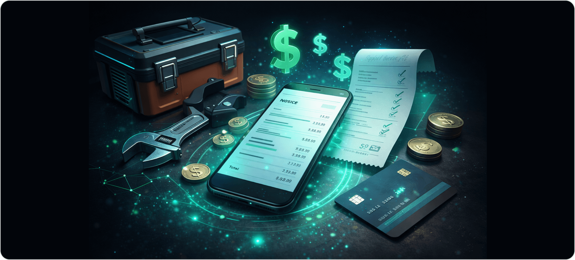 How HVAC invoicing and payment management works using a smartphone invoice, tools, credit card, receipt, and dollar symbols representing digital billing and service payments. Explore best hvac invoicing software