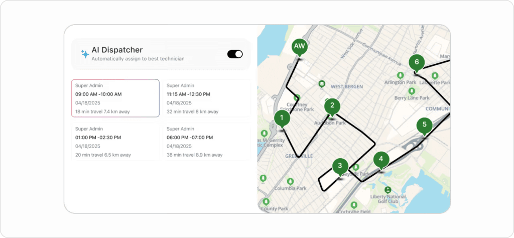 How AI HVAC dispatching works with automated technician assignment, route optimization map, travel time calculations, and scheduling suggestions that help dispatchers assign the best technician to nearby service calls.