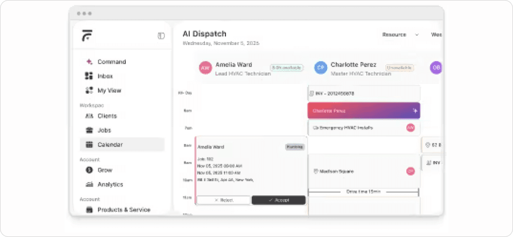 FieldCamp AI dispatch dashboard displaying technician scheduling calendar, job assignments, and real-time availability with drag-and-drop job management interface.