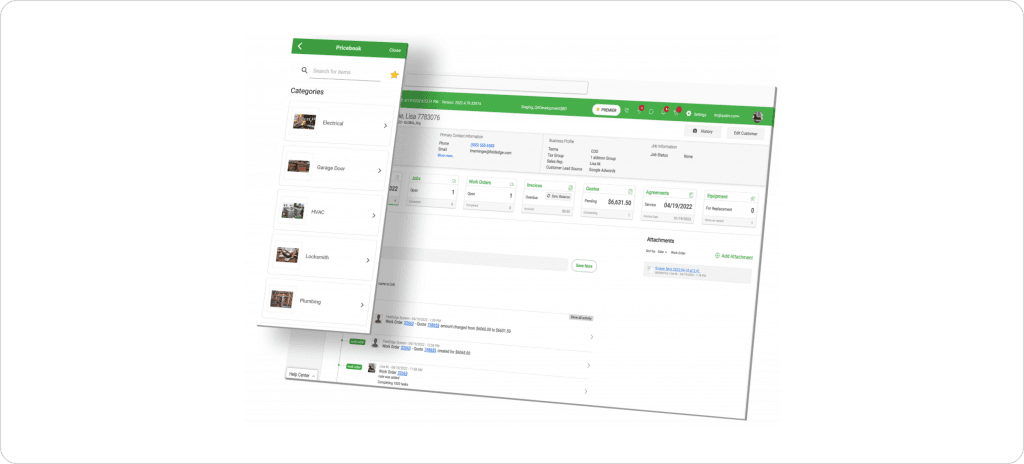 How FieldEdge service management software works with a pricebook, customer job history, invoices, and service agreements dashboard.