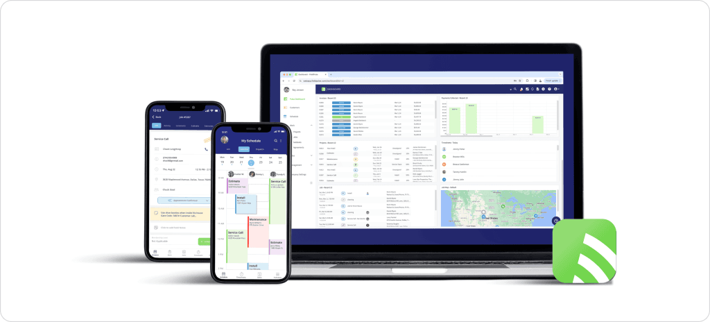 How HVAC dispatch software works across desktop and mobile apps showing technician schedules, job calendars, service call details, and operational dashboards used to manage field service teams in real time.