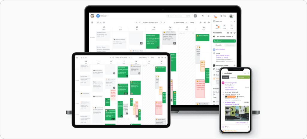 GorillaDesk field service scheduling software showing multi-day calendar view and mobile job details screen for managing appointments and technician schedules.