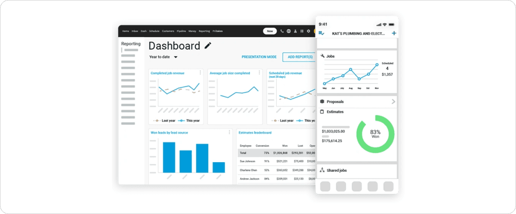 How Housecall Pro business dashboard works with revenue charts, job tracking analytics, and mobile performance metrics for service businesses.
