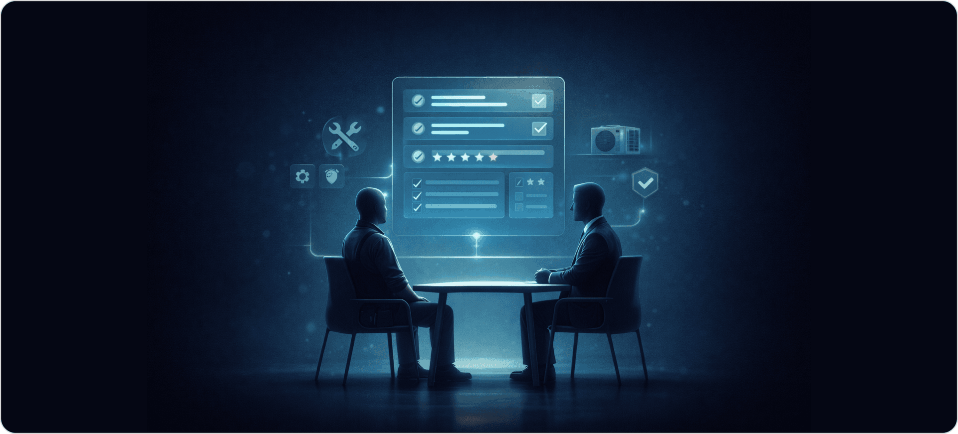 How HVAC interview preparation works with a candidate and interviewer seated across a table, AI-driven evaluation panel showing question checklists, rating indicators, and skill validation connected through digital assessment workflows in a modern SaaS-style environment