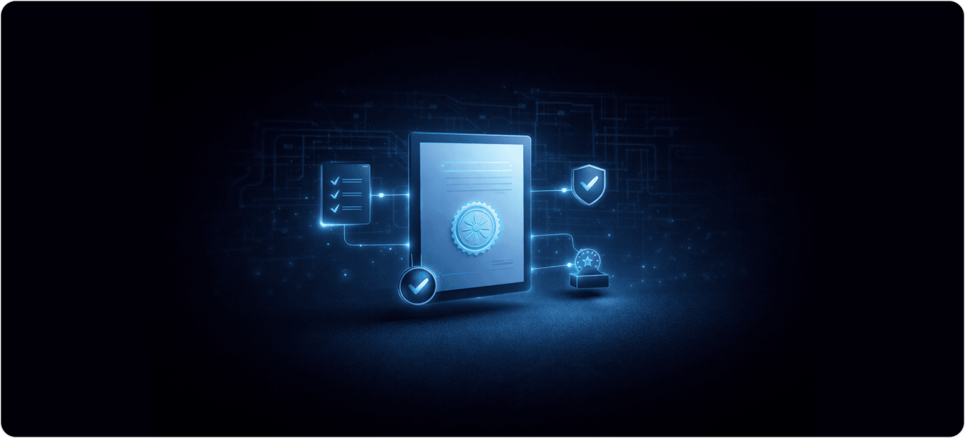 How HVAC licensing requirements work with a central certification document featuring an official seal, surrounded by digital compliance checklists, approval badges, and security verification icons, representing regulatory approval, safety standards, and professional certification in HVAC systems.