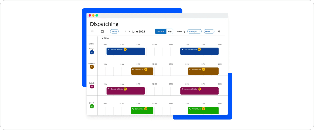 How HVAC job dispatch and technician tracking works with a map-based scheduling interface displaying technician locations, active service jobs, GPS tracking updates, and team assignments across a service area.