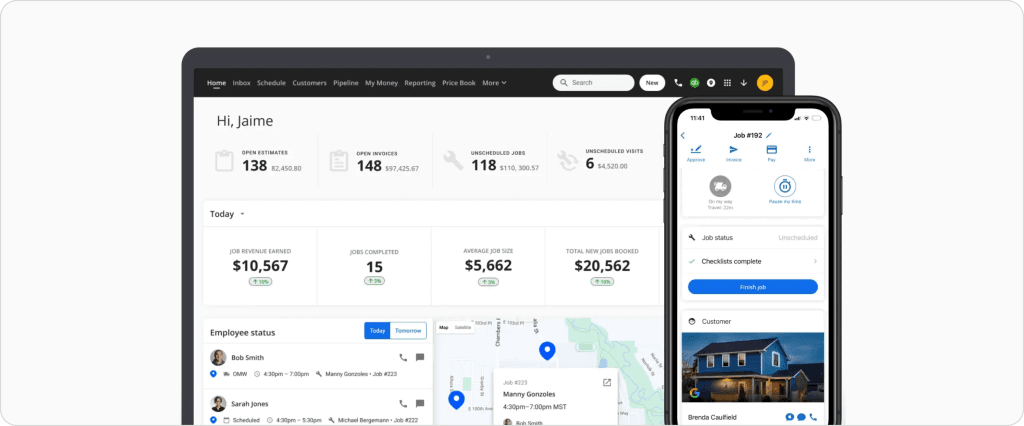 Housecall Pro field service management dashboard with revenue metrics, employee status tracking, map-based job locations, and technician mobile job workflow screen.
