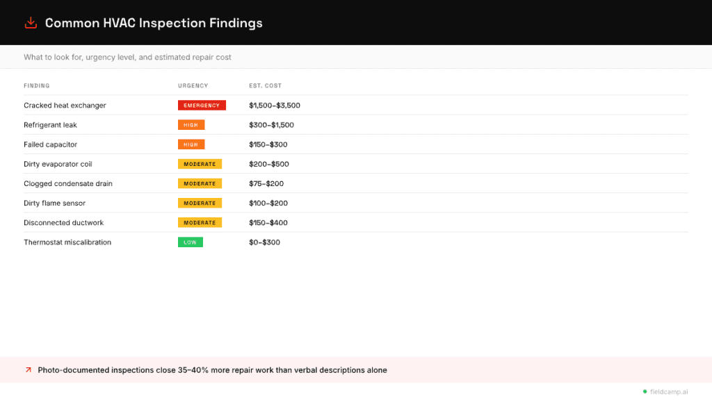 “Common HVAC inspection findings with urgency levels and estimated repair costs including cracked heat exchanger, refrigerant leak, capacitor failure, dirty coil, clogged drain, and ductwork issues”